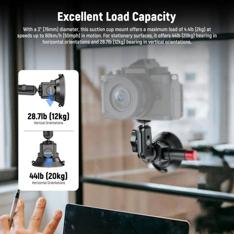 3 Inch Suction Cup Camera Mount With Dual Ball Head Arm And Quick Release, 360 Degree Rotation For Action Cams And Phones on glass