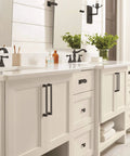 Matte Black Cup Pull Cabinet Hardware on bathroom vanities, showcasing 3 Inch and 3-3/4 Inch center-to-center drawer pulls in use.