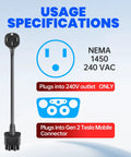 Top Shelf Nema 14 50 Adapter Plug For Tesla Mobile Charger Gen 2 And Gen 3 Ev Charging Connector 240V usage specifications infographic