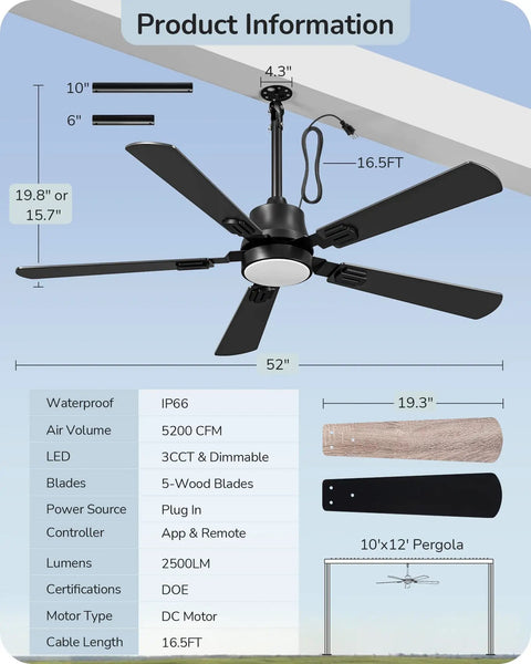 Diagram of 52 Inch Outdoor Ceiling Fan With Light Built For The Outdoors For Covered Patios And Gazebos IP66 Waterproof