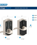 Keyless Entry Lock With Accent Lever In Aged Bronze, Electronic Door Lock With Auto Lock Or Unlocked Modes and dimensions shown