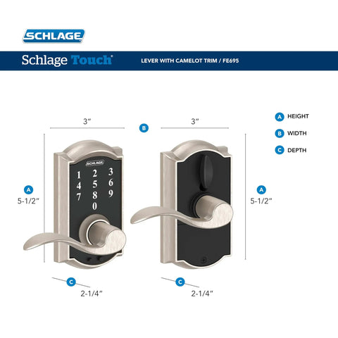 Keyless Entry Lock With Accent Lever In Aged Bronze, Electronic Door Lock With Auto Lock Or Unlocked Modes and dimensions shown