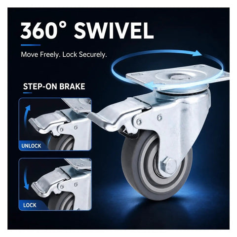 360° swivel mechanism of Set Of Four 3 Inch TPR Swivel Plate Casters With Dead Quiet Foot Brakes And Zero Drag Non Marking Rubber Tread.
