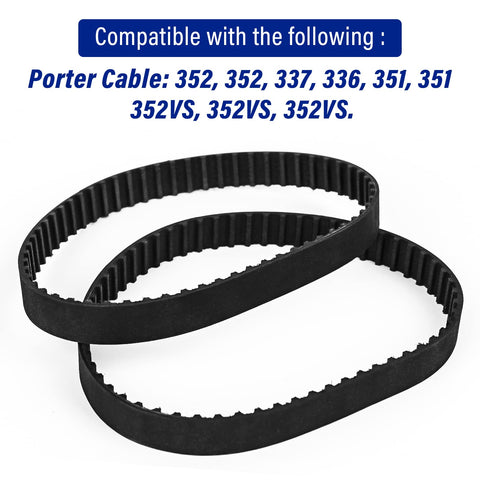 Toothed Drive Belt Replacement 848530 Fits 351 352 And 336 337 Variable Speed Belt Sanders 2 Pack shown with compatibility list