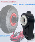 2 Pack 24V RS555 Motor Gearbox High Speed Drive Engine Replacement Parts for Ride On Toys Cars SUVs and ATVs Upgrade Kit With 12000 RPM Performance Gears and Easy Install, featuring a gearbox next to a toy wheel and car illustration