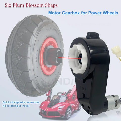 2 Pack 24V RS555 Motor Gearbox High Speed Drive Engine Replacement Parts for Ride On Toys Cars SUVs and ATVs Upgrade Kit With 12000 RPM Performance Gears and Easy Install, featuring a gearbox next to a toy wheel and car illustration