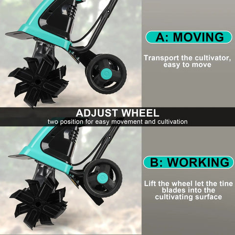Electric Rototiller Garden Tiller With 12 Inch Tilling Width And 8 Inch Cutting Depth, 10.5 Amp Cultivator adjustable wheel positions