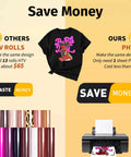Comparison of HTV rolls and PHTV sheet with a printed tee and printer showing cost savings using Full Color Printable Heat Transfer Vinyl For Tees, 20 Sheets 8.5x11, Inkjet Printer Ready Iron On Vinyl, Easy To Cut And Weed, DIY Design Ready HTV For Custom Tees.