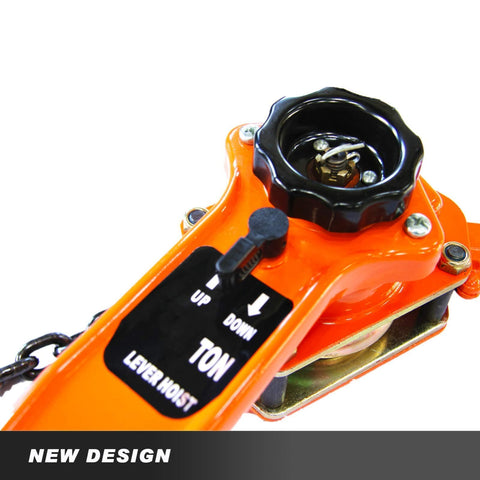 Manual Lever Block Chain Hoist 3 Ton 6000 Lbs Come Along 10 Ft 3 M With Hook close-up showing control lever in orange design