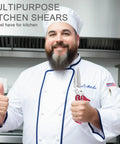 Chef holding multipurpose kitchen shears with burgundy handle, suitable for poultry and meat, stainless steel, in a professional kitchen.