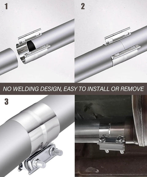 Exhaust Clamp Set With Multiple Sizes illustrating no-welding lap joint assembly for exhaust systems with galvanized build.