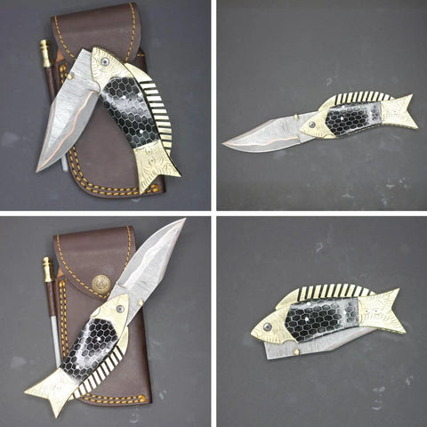 Damascus Fish Style Folding Knife With Ladder Pattern Blade Handmade Damascus Steel Pocket Knife for everyday use
