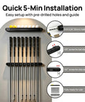 Quick 5-min installation guide for Dope Wall Mounted Golf Club Rack With 8 Clips And Golf Ball Display, showing pre-drilled holes.