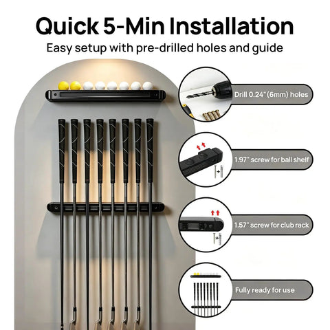 Quick 5-min installation guide for Dope Wall Mounted Golf Club Rack With 8 Clips And Golf Ball Display, showing pre-drilled holes.