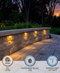 Outdoor retaining wall illuminated by Easy Install 7 Inch LED Hardscape Light With 5CCT Adjustable Output, low voltage paver light.