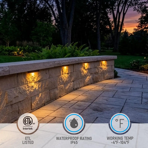 Outdoor retaining wall illuminated by Easy Install 7 Inch LED Hardscape Light With 5CCT Adjustable Output, low voltage paver light.