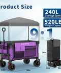 Heavy Duty Collapsible Wagon With Removable Sun Cover, All Terrain Big Wheels And Dual Brakes, Extra Large Grocery Cart For Beach, Camping, Tailgates And Outdoor Hauls In Purple, shown with storage dimensions.