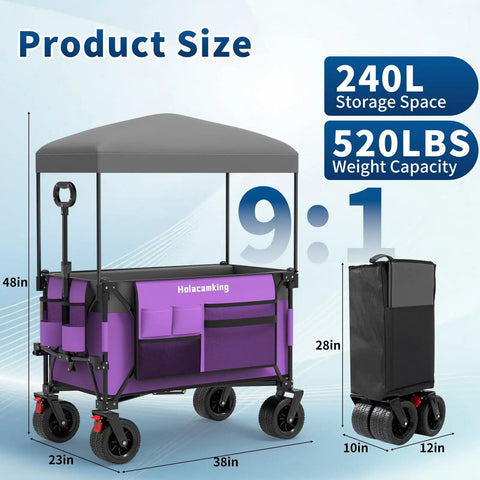 Heavy Duty Collapsible Wagon With Removable Sun Cover, All Terrain Big Wheels And Dual Brakes, Extra Large Grocery Cart For Beach, Camping, Tailgates And Outdoor Hauls In Purple, shown with storage dimensions.