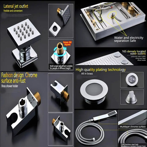 Heavy Duty Thermostatic Shower System With Slick Rainfall Head And Brushed Stainless Steel Ceiling Mount Combo, showcasing brass valve, jet outlets, and chrome features.