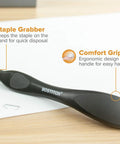 Office Staple Remover With Magnetic Pick Up, Ergonomic Push Style, Black tool on desk highlighting staple grabber and comfort grip
