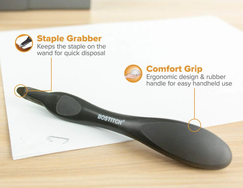 Office Staple Remover With Magnetic Pick Up, Ergonomic Push Style, Black tool on desk highlighting staple grabber and comfort grip