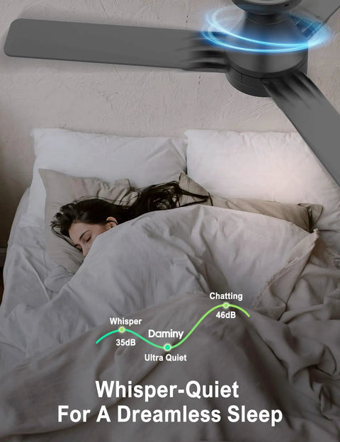 42 Inch Ceiling Fan With Lights 3 Blades Low Profile whispers quietly over sleeping person in bed, showcasing quiet operation