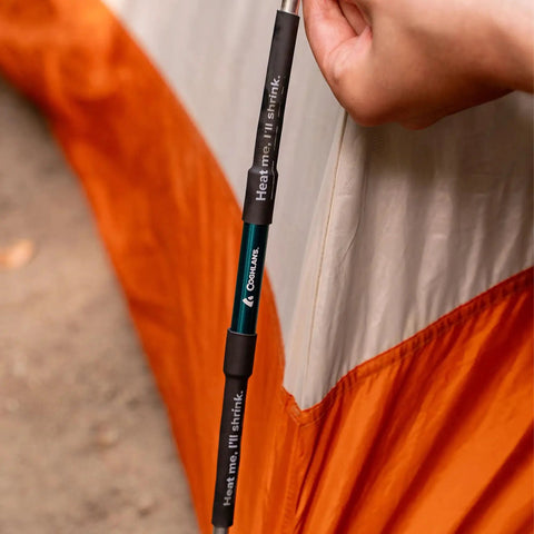 Close-up of Tent Pole Repair Kit 4 Piece Field Kit For Aluminum Or Fiberglass Poles with heat-activated sleeve in use on tent.