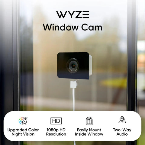 No Sweat Window Mount Security Cam With HD WiFi Live Streaming And Rock Solid Color Night Vision For Slick Home Protection And Smart AI Motion Detection That Plays Nice With Alexa And Google Home mounted on a window with an HD lens and cable.