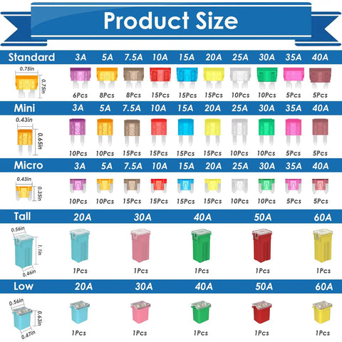 Image showing product size chart of All In One Car Fuses Kit With Puller And Tester 317 Piece Blade And Cartridge Fuses.