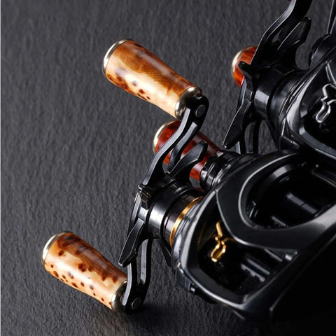 Upgrade Your Gear With This Premium Burl Rosewood Fishing Reel Handle Knob Replacement, Featuring An Ergonomic Lightweight Design Perfect For Long Days At The Lake And Smoother Casting Action. 2-piece burl rosewood reel handle knobs on black spinning reel