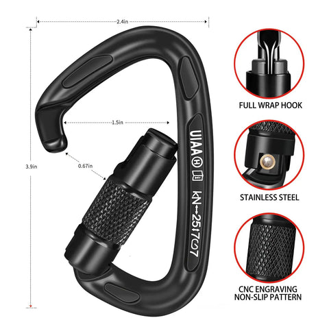 25kN Auto Locking Carabiners 4 Pack UIAA Certified Heavy Duty D Shape With Twist Lock black carabiner measurements