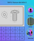 Diagram of lightweight titanium bolts M5x12mm set for bikes with hex socket, button head, and colorful finish.