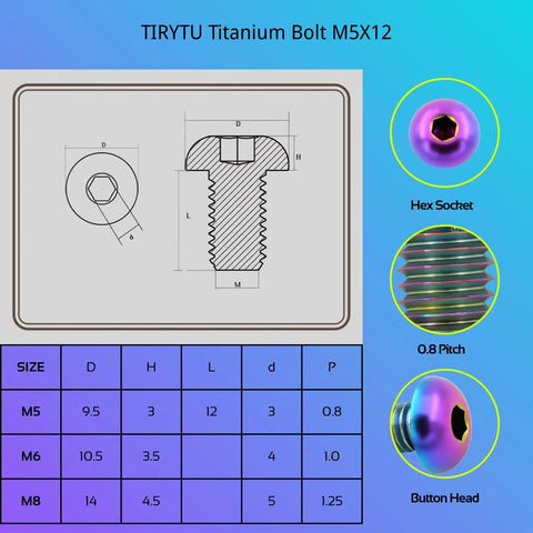 Diagram of lightweight titanium bolts M5x12mm set for bikes with hex socket, button head, and colorful finish.