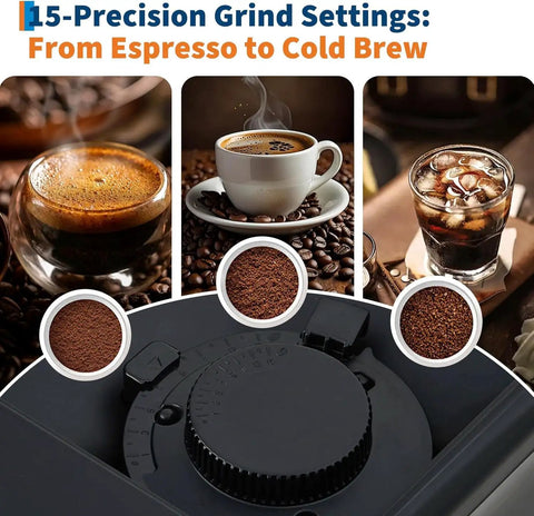 Heavy Duty Espresso Coffee Maker With Adjustable Grinder And Automatic Milk Frother showing 15 grind settings, coffee types, and grinder details.