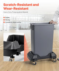 Heavy Duty Trash Can Dolly Featuring Slick 4 Way Swivel Casters Fitting 16 And 23 Gallon Bins Built Tough For No Sweat Waste Moving Up To 200 Lbs Capacity on smooth wooden floor.