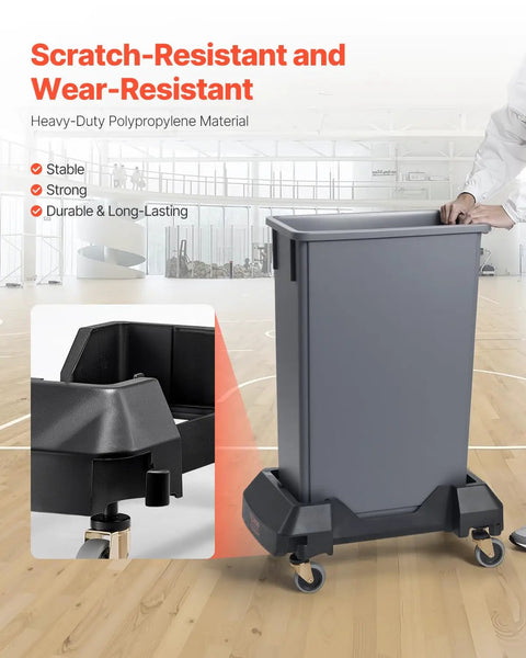 Heavy Duty Trash Can Dolly Featuring Slick 4 Way Swivel Casters Fitting 16 And 23 Gallon Bins Built Tough For No Sweat Waste Moving Up To 200 Lbs Capacity on smooth wooden floor.