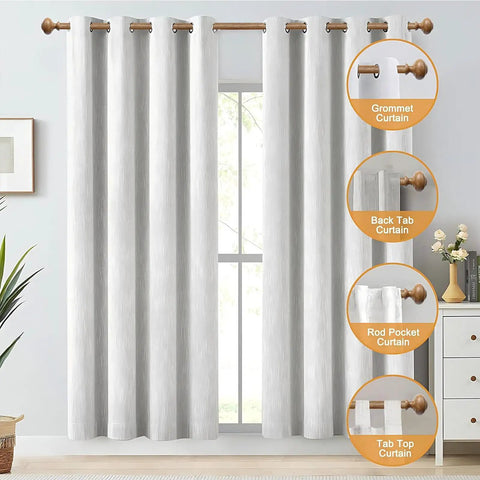 Grommet curtain with heavy duty wood curtain rods for windows 48 to 84 inches with 1 inch diameter, imitation wood grain finials.
