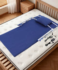 Super Smooth Electric Lifting Bed Backrest With Foldable Armrests And Power Adjustable Wedge Mattress For Elderly Patients To Sit Or Sleep, blue fabric mattress on bed with metal frame.