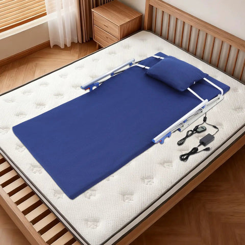 Super Smooth Electric Lifting Bed Backrest With Foldable Armrests And Power Adjustable Wedge Mattress For Elderly Patients To Sit Or Sleep, blue fabric mattress on bed with metal frame.