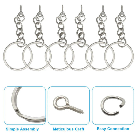 Thinking Process: silver 25mm split ring keychain with chain link and screw eye for keys and crafts