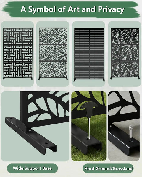 Various designs of Metal Outdoor Privacy Screen Set Of 2 Freestanding Privacy Fence Panels with leaf black finish details.