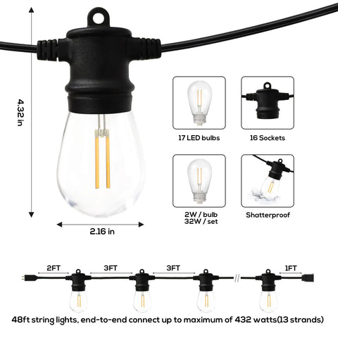 2 Pack 48ft Outdoor String Lights Dimmable Shatterproof LED Bulbs Weatherproof shown with specifications and measurements.