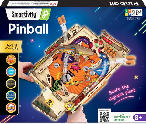 DIY Pinball Machine For Kids 8 To 14, Arcade Grade, No Screen STEM Toy packaging showing colorful parts and instructions