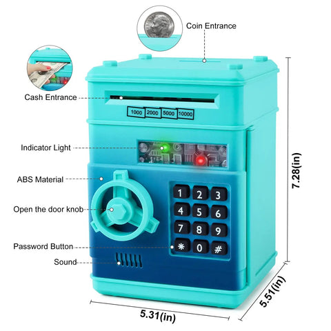 Electronic Piggy Bank With Password Lock for Kids ATM Style Money Saver Box for Ages 3 to 12 in Blue Green ABS Plastic