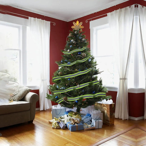 See And Be Seen High Visibility Reflective Tape Strip 2 Inch By 66 Foot Sew On Orange decorating a Christmas tree indoors.