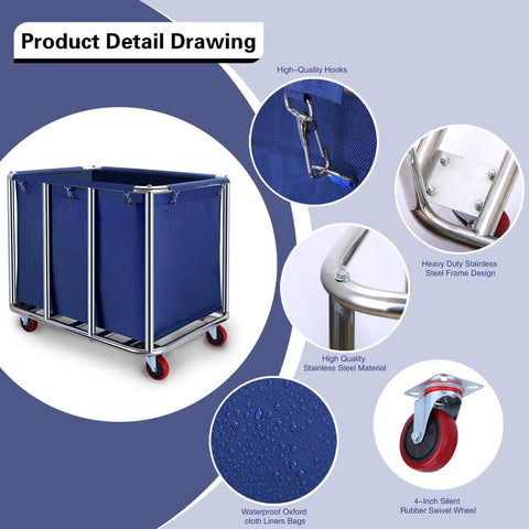 Heavy Duty Workhorse Laundry Cart With Smooth Rolling Casters Massive Linen Hopper And Rust Resistant Stainless Steel Wash Bin detailed view features.