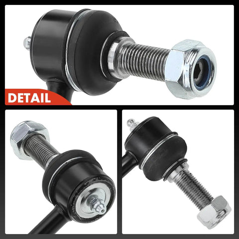 Close-up of 2 Pack Front Sway Bar Links Stabilizer Kit For Chevy Trailblazer SSR GMC Envoy Buick Rainier Saab Nine Seven X Isuzu Ascender Oldsmobile Bravada Easy Install Direct Fit Replacement For Smoother Handling And Responsive Steering, showing detailed thread and nut assembly.