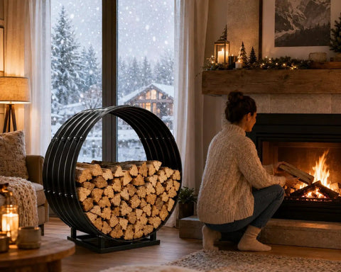 32 Inch Firewood Hoop Rack With Rustproof Cover beside fireplace, woman tending fire, holds 500 lbs, all-weather protection indoors