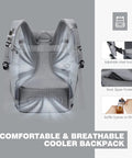 Insulated Cooler Backpack With Leakproof Liner, adjustable chest buckle, back zipper pocket, bottle opener on strap, rear view