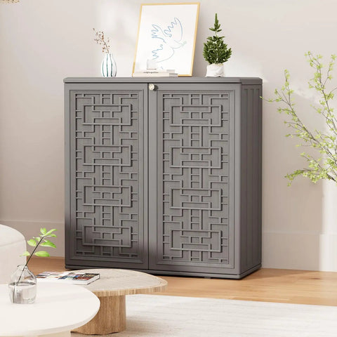 Beefy Outdoor Storage Cabinet With Doors And Shelf Grey Weatherproof HDPE Resin Box For Patio Garden Balcony 34 by 15 by 36 Inches